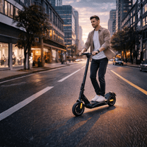 Uomo alla guida del monopattino elettrico Nanrobot C1 in città
