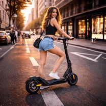Donna alla guida del monopattino elettrico Nanrobot C1 in città