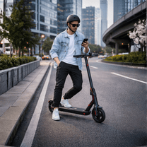 Uomo che passeggia con il monopattino elettrico Nanrobot H1 in città