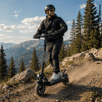 Uomo alla guida del monopattino elettrico Nanrobot T1 in montagna