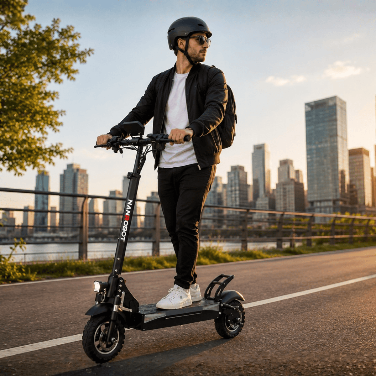 Uomo alla guida del monopattino elettrico Nanrobot T1 in città