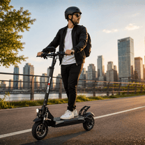 Uomo alla guida del monopattino elettrico Nanrobot T1 in città