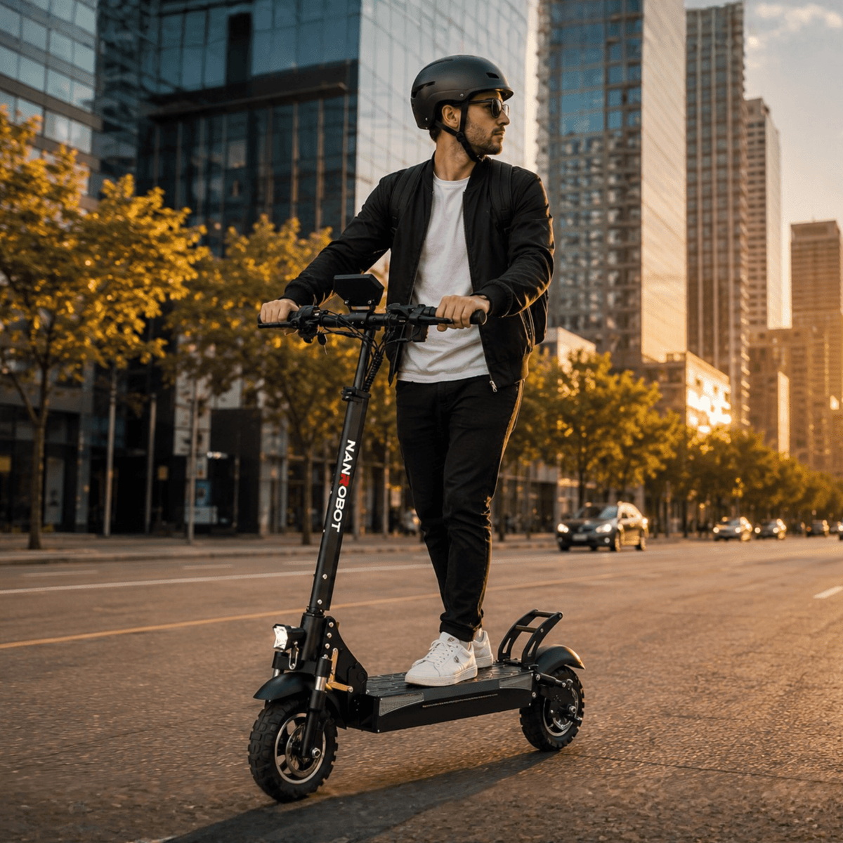 Uomo alla guida del monopattino elettrico Nanrobot T1 in città