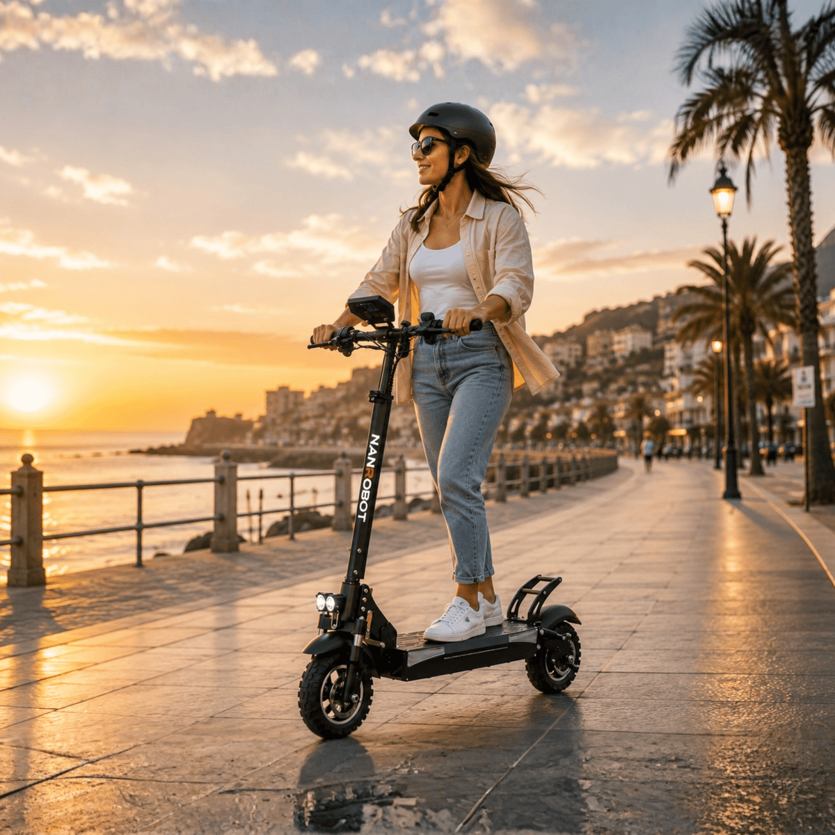 Donna alla guida del monopattino elettrico Nanrobot T1