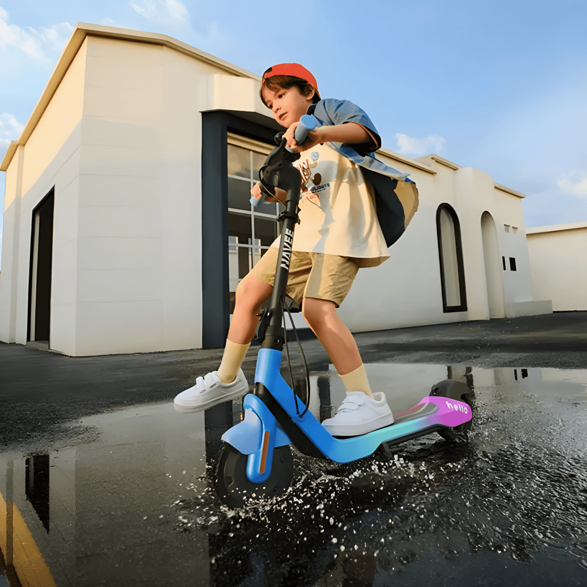 Persona alla guida del monopattino elettrico per bambini NAVEE K100 Max in città con un bambino