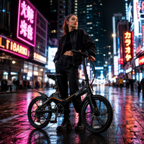 Donna in piedi con la bici elettrica pieghevole ONEBOT Eagle in un ambiente serale