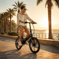 Uomo alla guida della bici elettrica pieghevole ONEBOT Eagle al tramonto