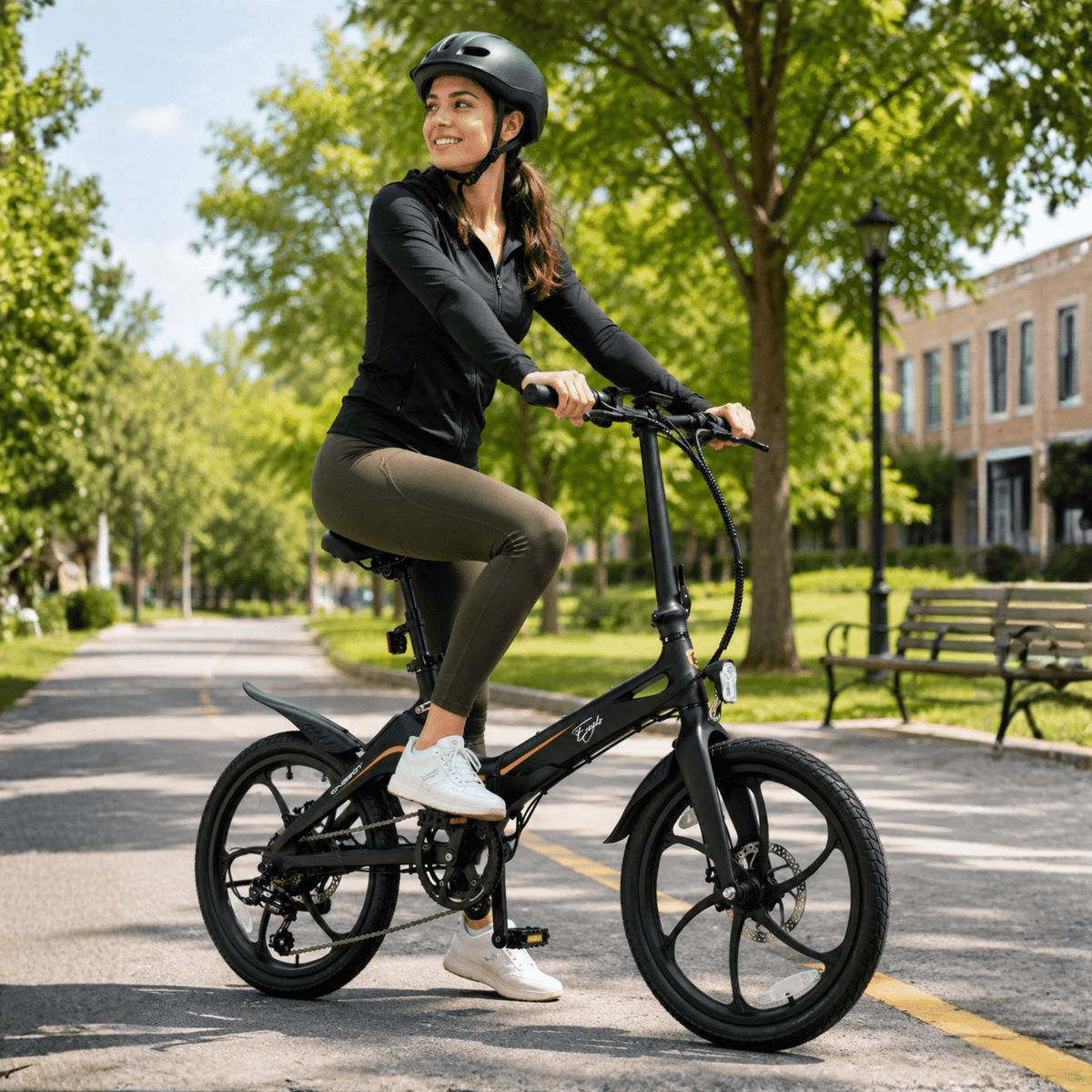 Donna alla guida della bici elettrica pieghevole ONEBOT Eagle in un parco