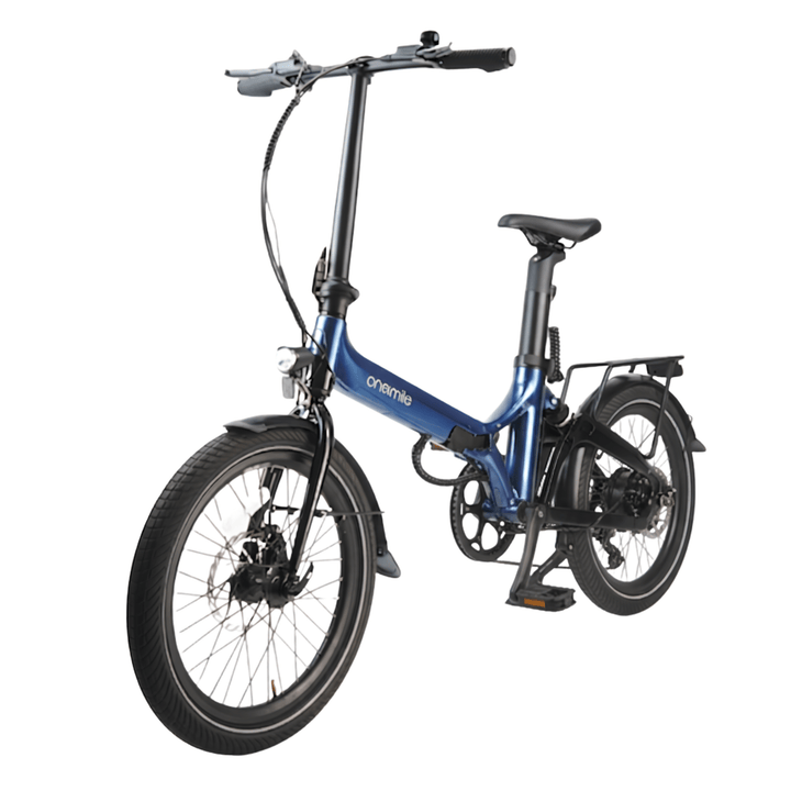 Bici elettrica pieghevole Onemile E1P vista di tre quarti in colore blu