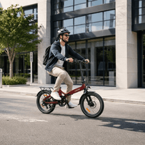 Uomo alla guida della bici elettrica pieghevole Onemile E2 in città