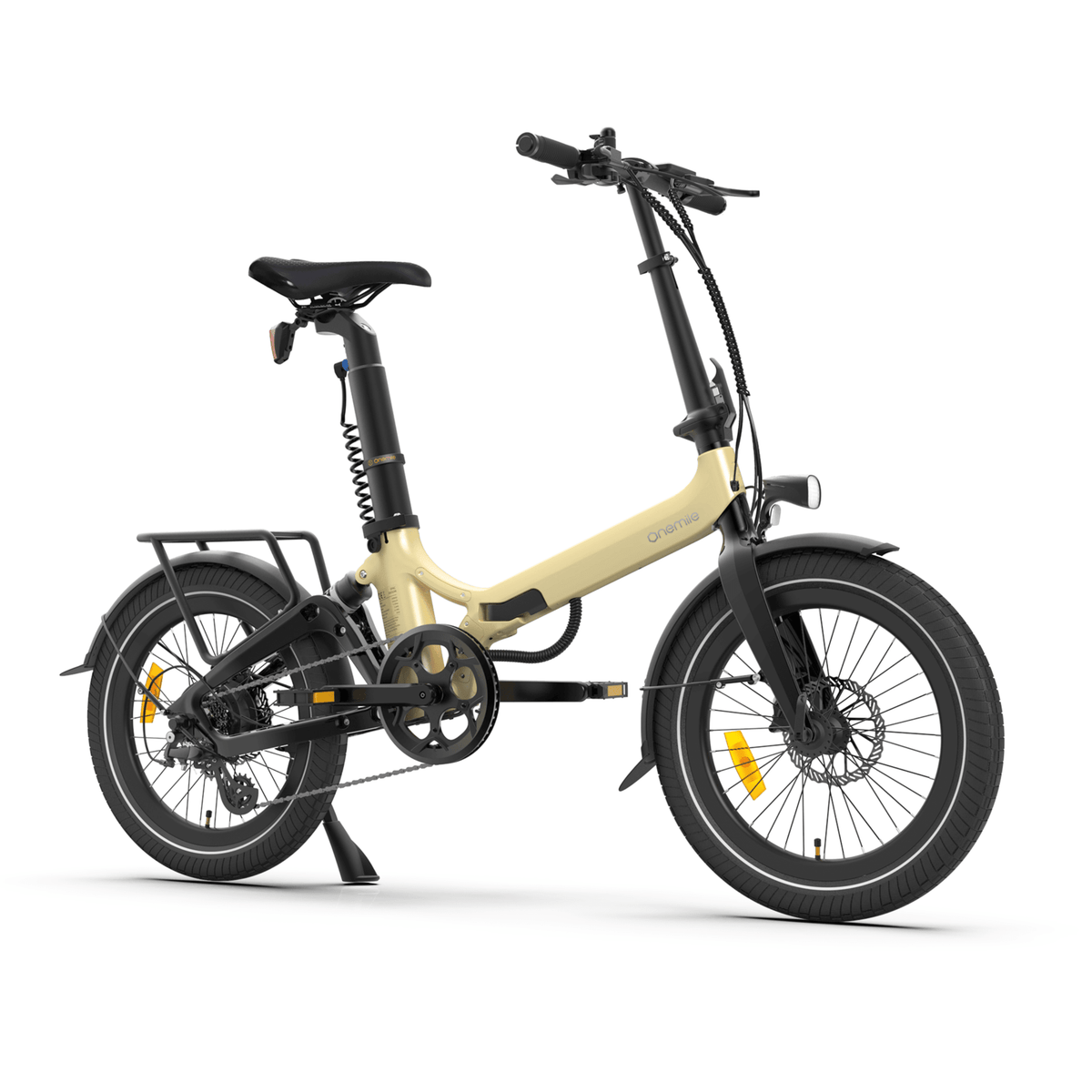 Bici elettrica pieghevole Onemile E2 vista di tre quarti in colore beige