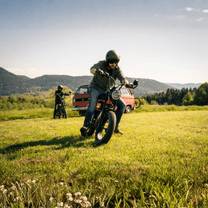 Uomo alla guida della fat bike elettrica Onemile M40 PRO su un prato