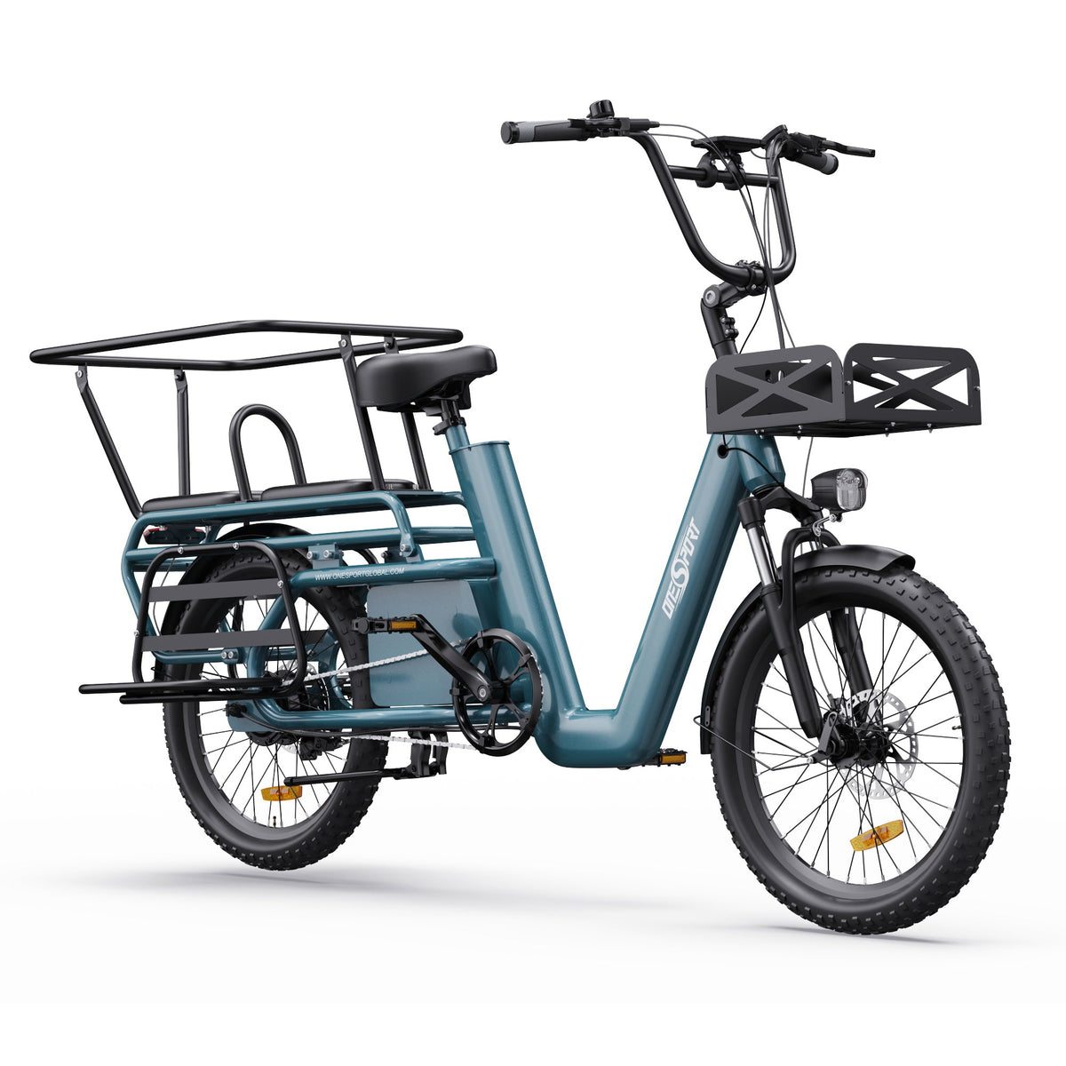Bici elettrica OneSport OT01 vista di fronte con sellino passeggero