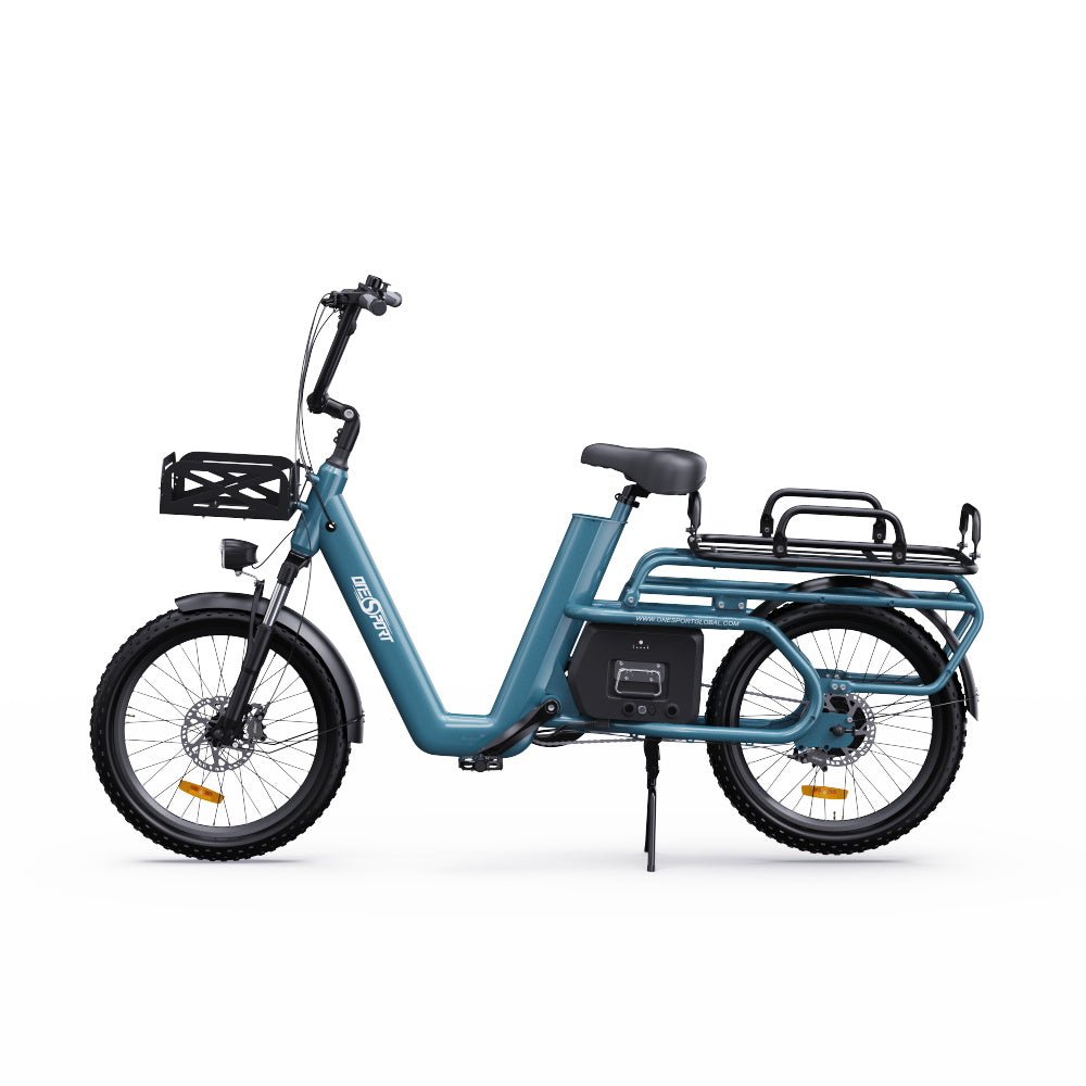 Bici elettrica OneSport OT01 vista di lato con cestino posteriore