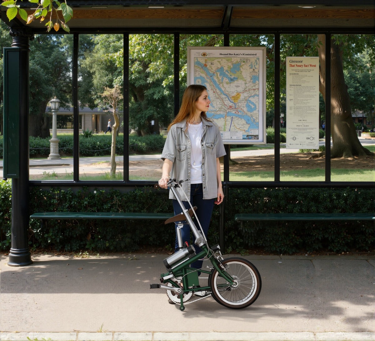 Donna in piedi con la bici elettrica pieghevole OneSport OT02 in città