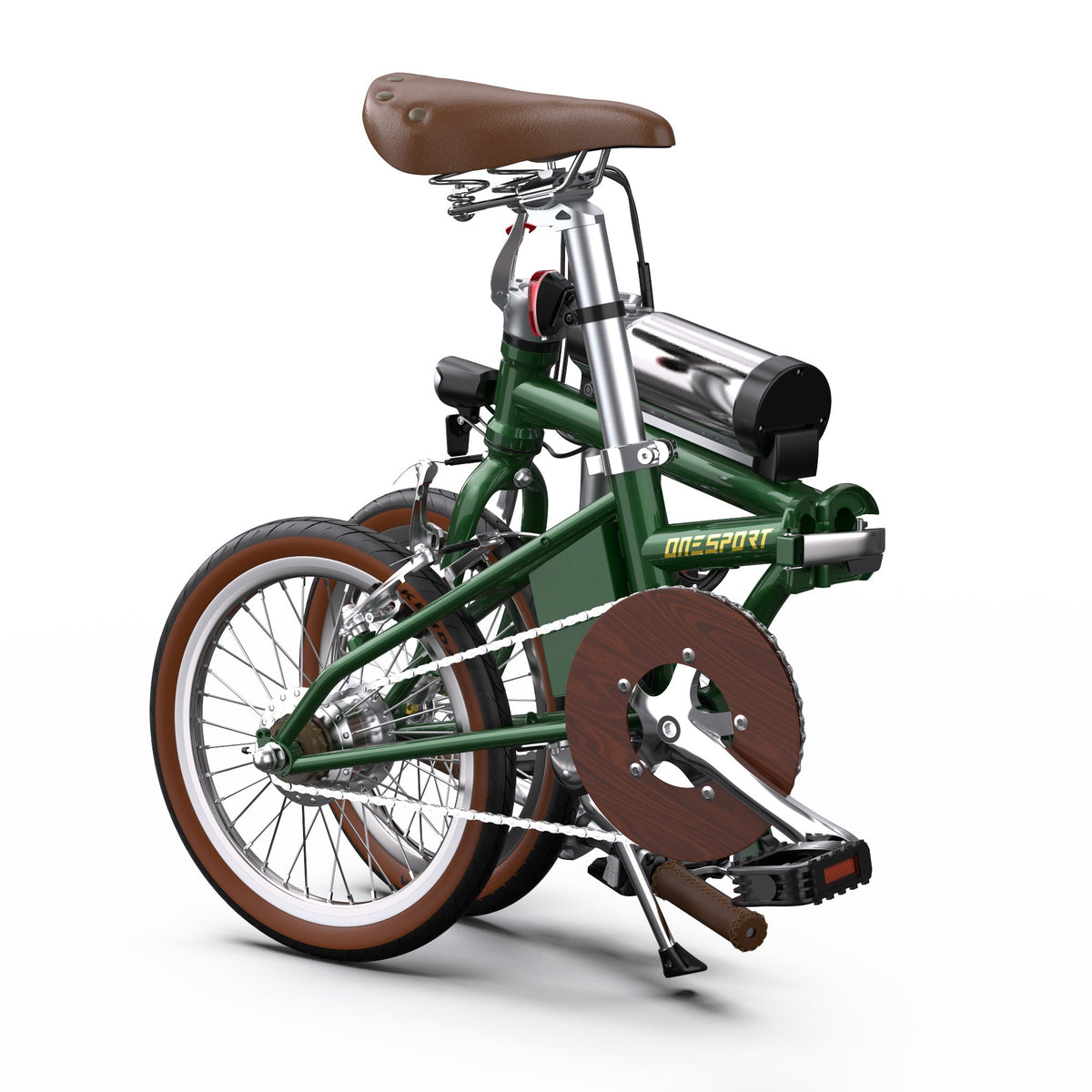 Bici elettrica pieghevole OneSport OT02 piegata, in vista di tre quarti in colore verde