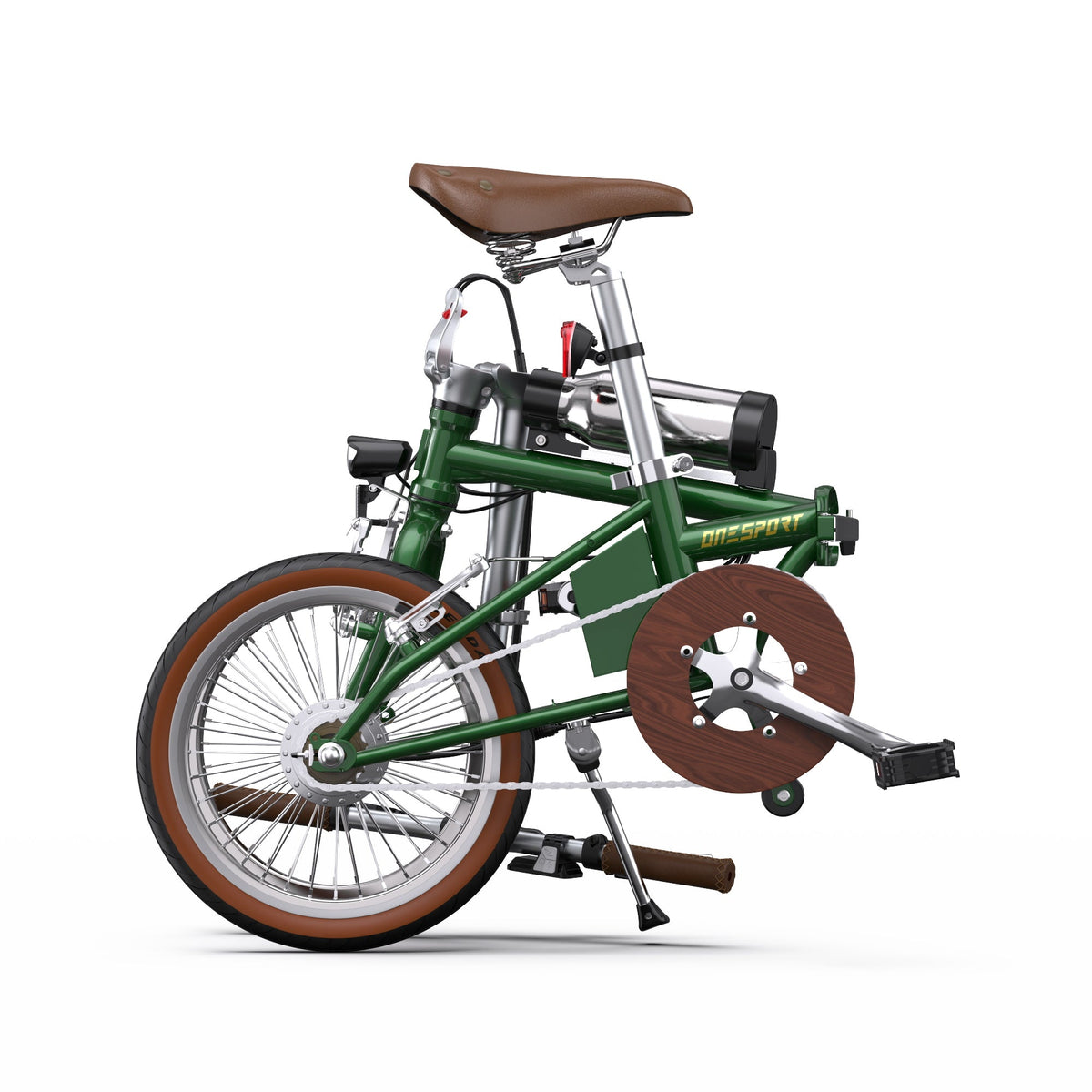 Bici elettrica pieghevole OneSport OT02 piegata, in vista laterale in colore verde