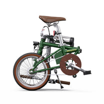 Bici elettrica pieghevole OneSport OT02 piegata, in vista laterale in colore verde