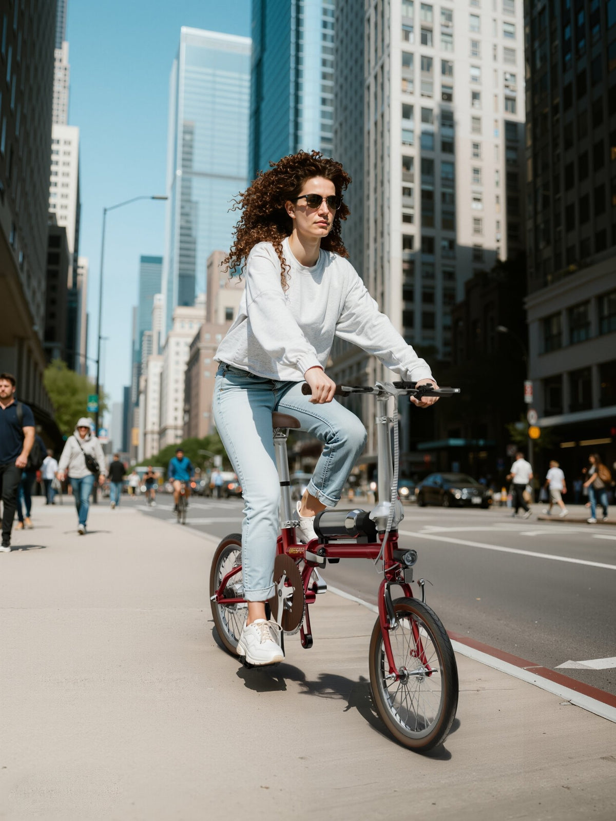 Donna alla guida della bici elettrica pieghevole OneSport OT02 in città
