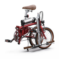 Bici elettrica pieghevole OneSport OT02 piegata in colore rosso dall'alto