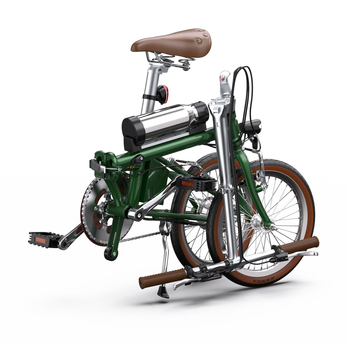 Bici elettrica pieghevole OneSport OT02 piegata in colore verde dall'alto