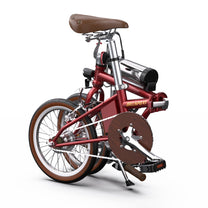 Bici elettrica pieghevole OneSport OT02 piegata, in vista di tre quarti in colore rosso