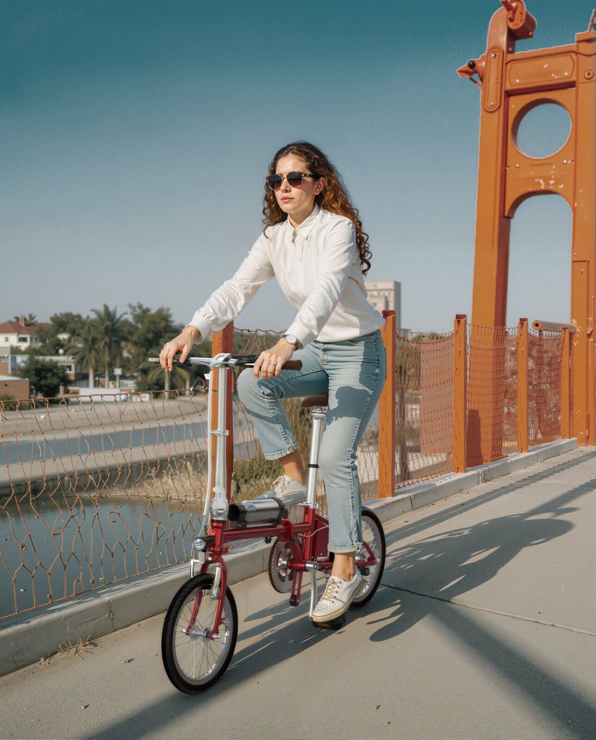 Donna alla guida della bici elettrica pieghevole OneSport OT02 su un ponte al sole