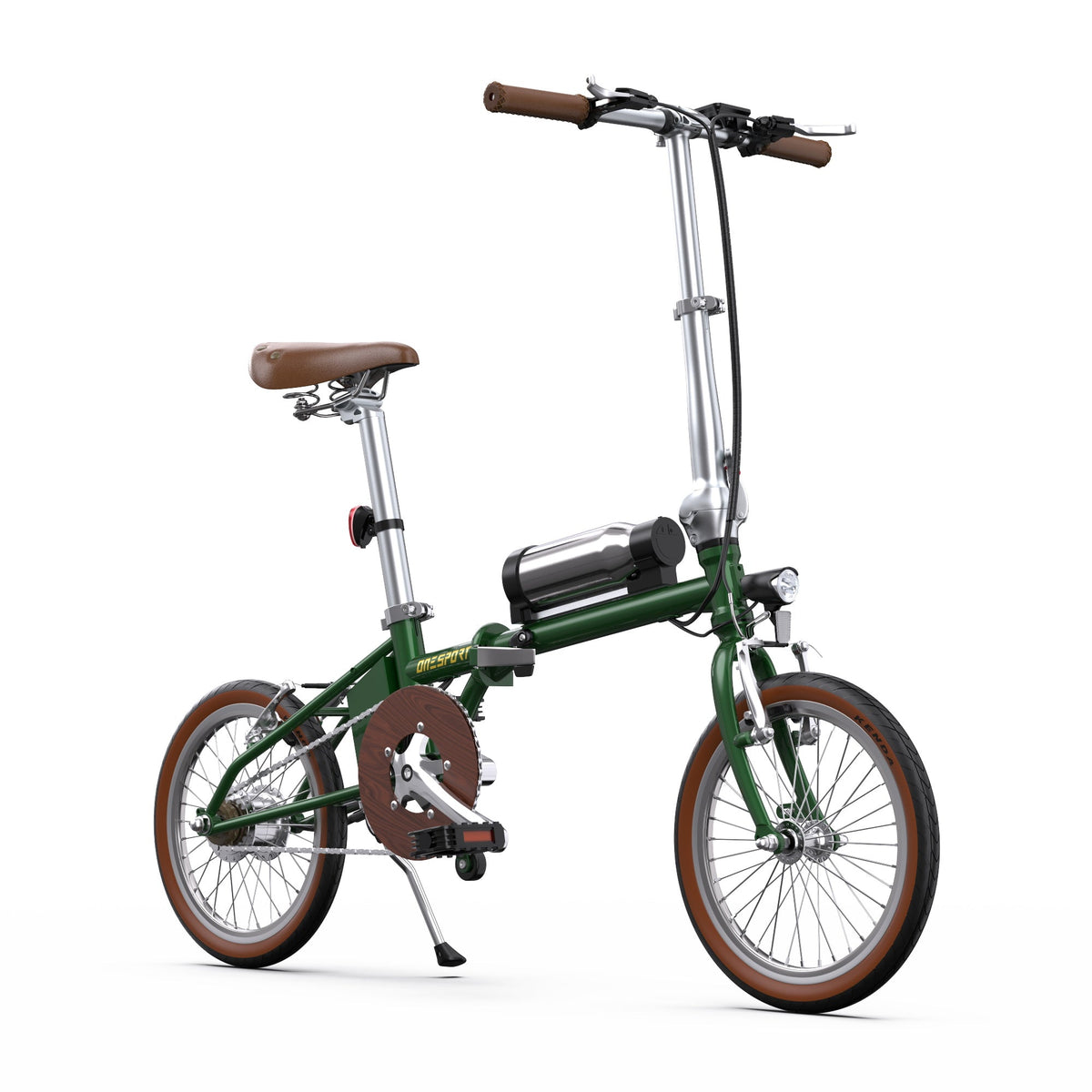 Bici elettrica pieghevole OneSport OT02 vista di tre quarti da dietro in colore verde
