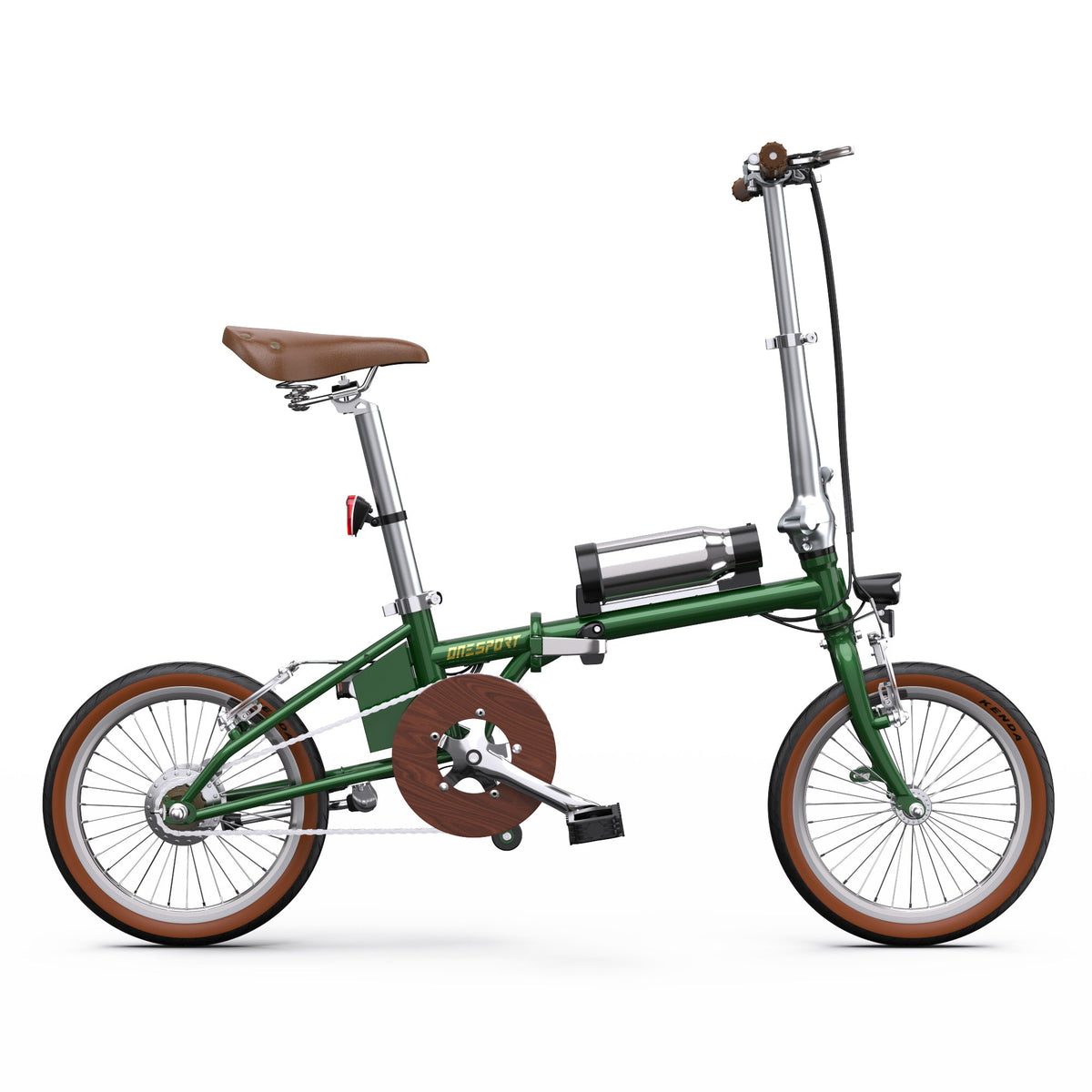 Bici elettrica pieghevole OneSport OT02 vista dal lato opposto in colore verde