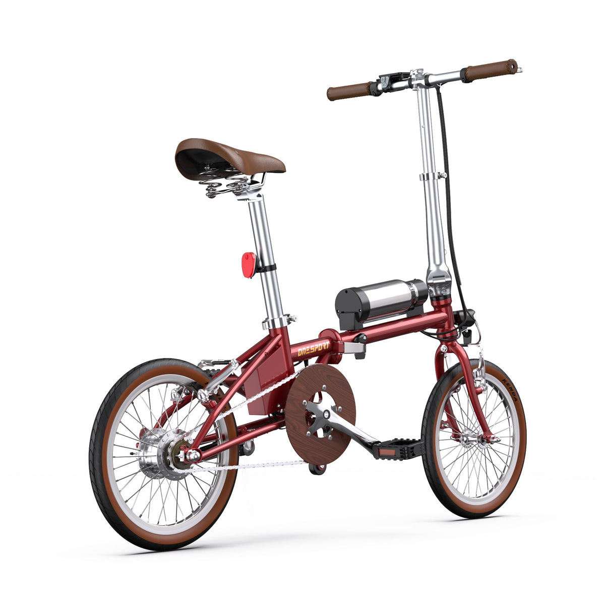 Bici elettrica pieghevole OneSport OT02 vista di tre quarti da dietro in colore rosso dall'alto
