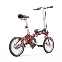 Bici elettrica pieghevole OneSport OT02 vista di tre quarti da dietro in colore rosso dall'alto
