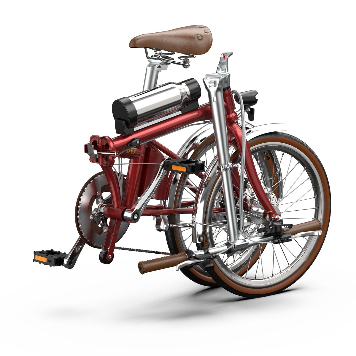 Bici elettrica pieghevole OneSport OT02 Pro piegata, in vista di tre quarti in colore rosso