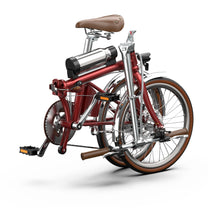 Bici elettrica pieghevole OneSport OT02 Pro piegata, in vista di tre quarti in colore rosso