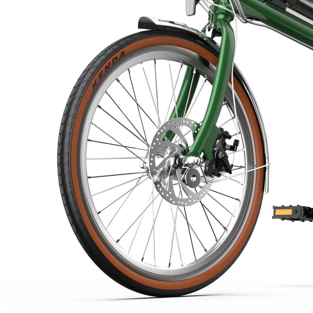 Ruota anteriore e forcella dell'OneSport OT02 Pro in colore verde