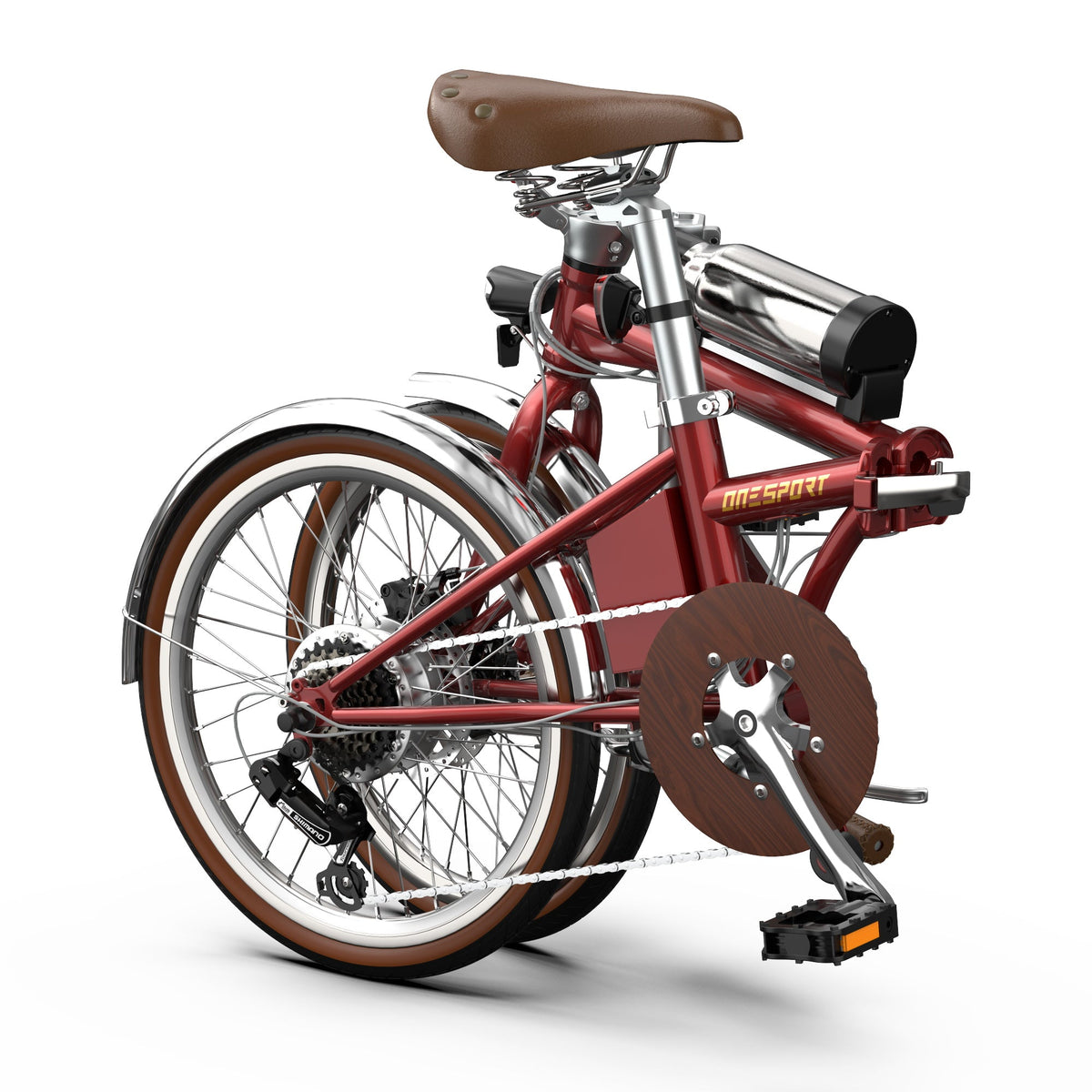 Bici elettrica pieghevole OneSport OT02 Pro piegata da dietro in colore rosso