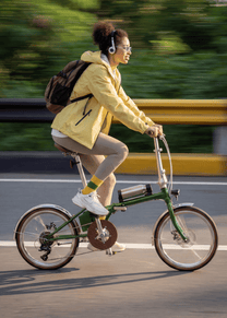 Donna alla guida della bici elettrica pieghevole OneSport OT02 Pro in colore verde su strada