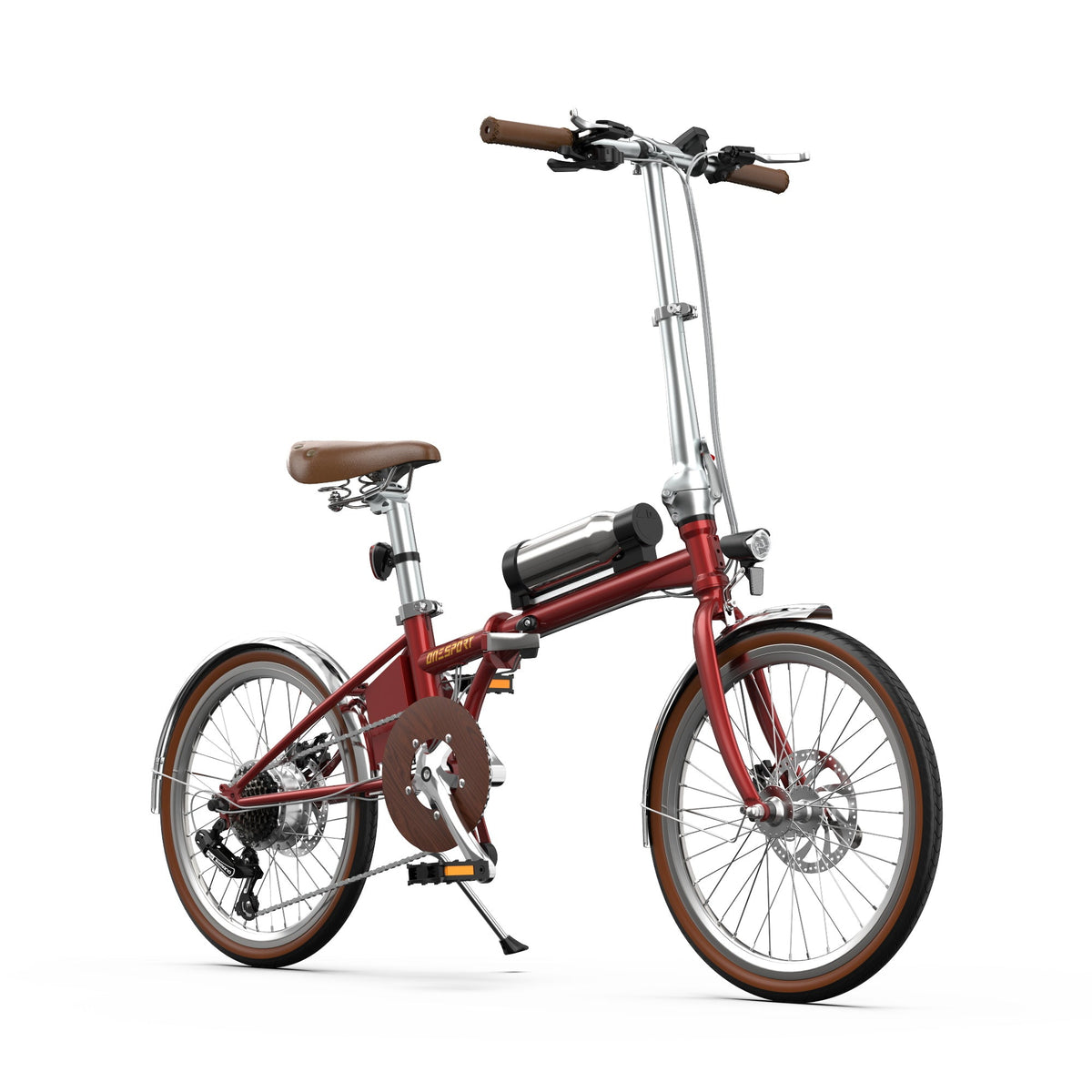 Bici elettrica pieghevole OneSport OT02 Pro, vista di tre quarti dal davanti dal lato opposto in rosso