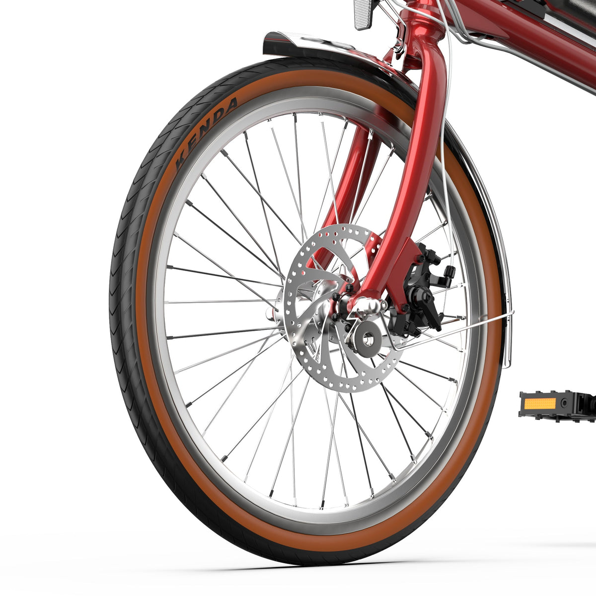 Ruota anteriore e forcella dell'OneSport OT02 Pro in colore rosso