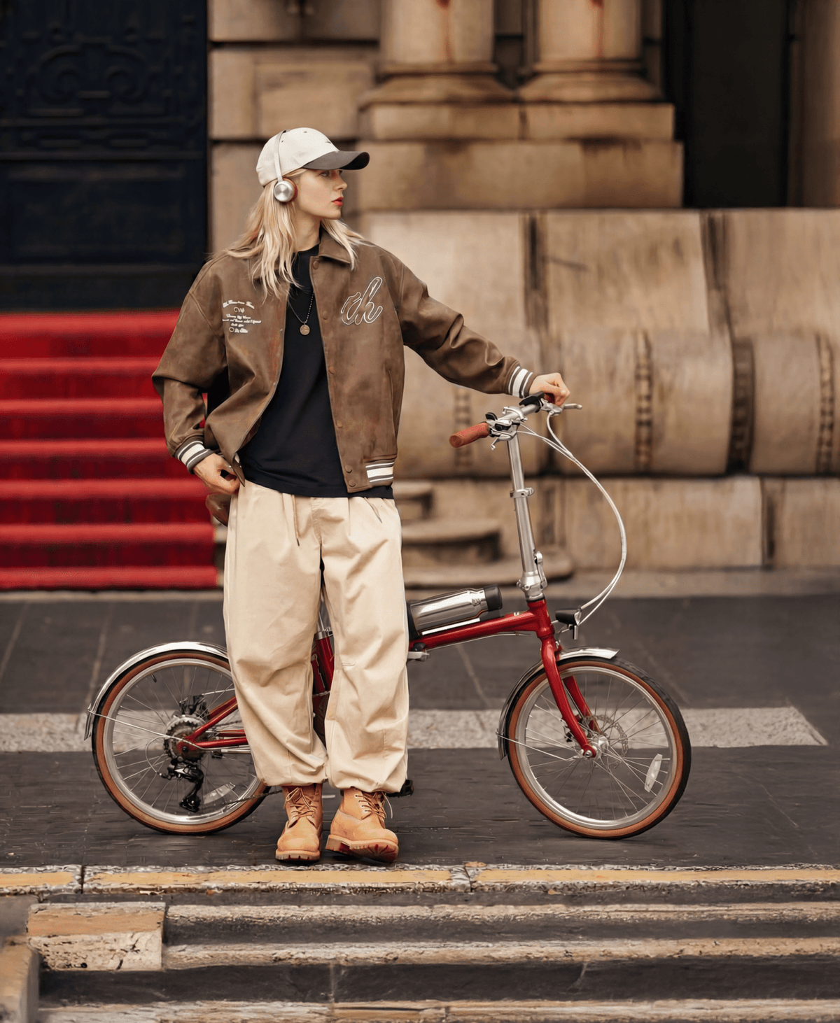 Uomo in piedi con la bici elettrica pieghevole OneSport OT02 Pro in colore rosso in una strada