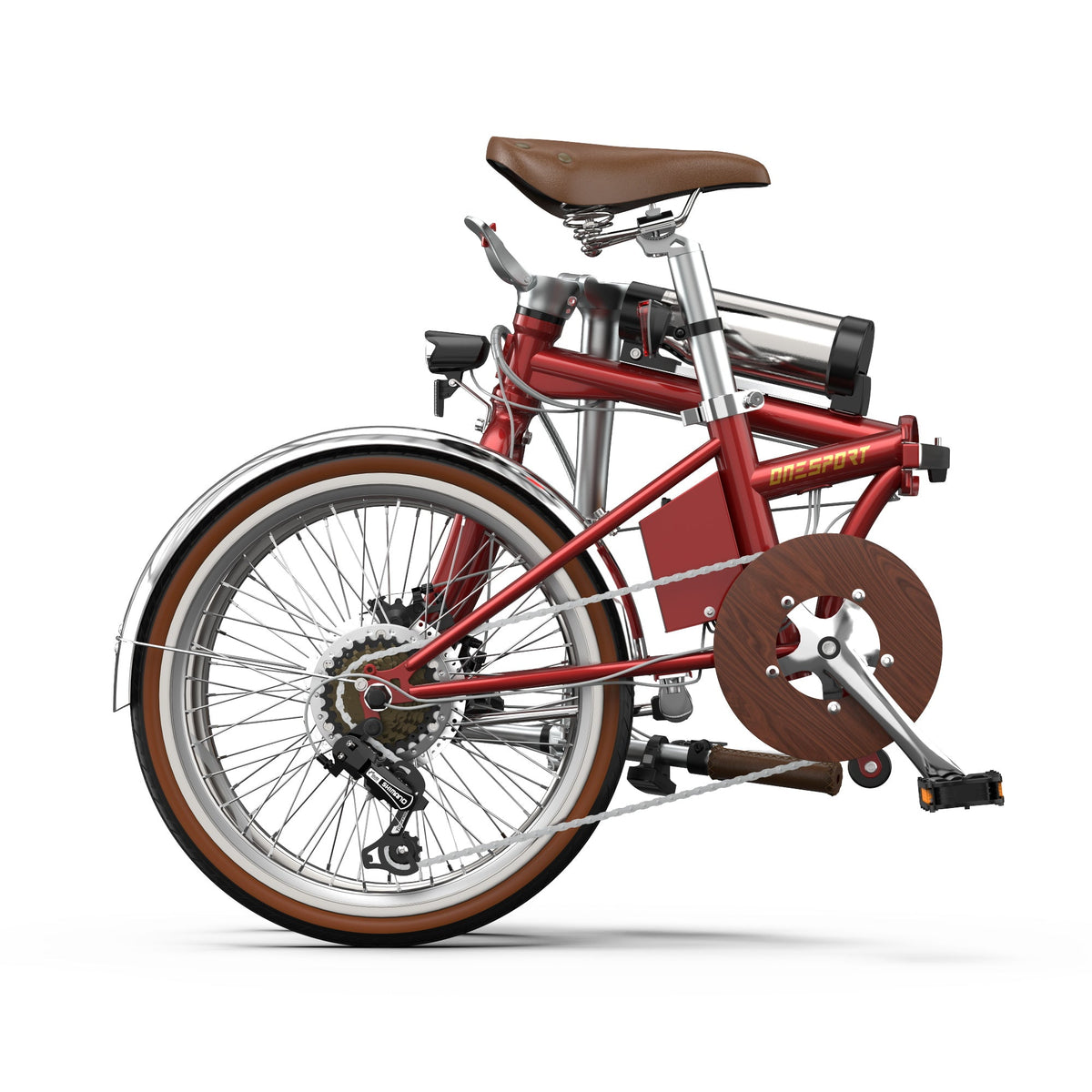 Bici elettrica pieghevole OneSport OT02 Pro piegata, in vista laterale in colore rosso