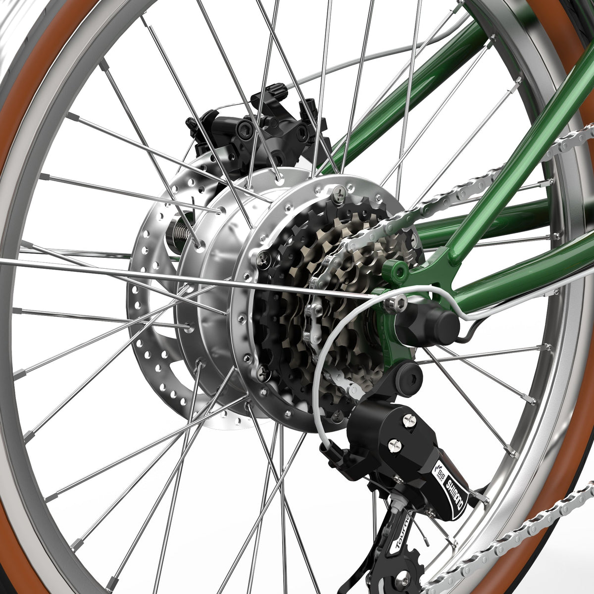 Cambio e catena dell'OneSport OT02 Pro in colore verde in primo piano