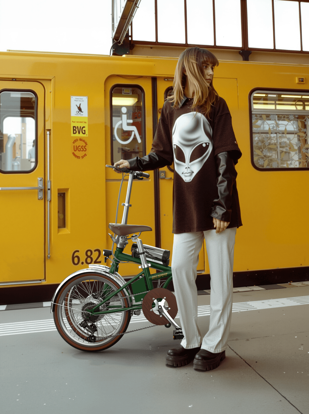 Donna in piedi con la bici elettrica pieghevole OneSport OT02 Pro in colore verde in una strada