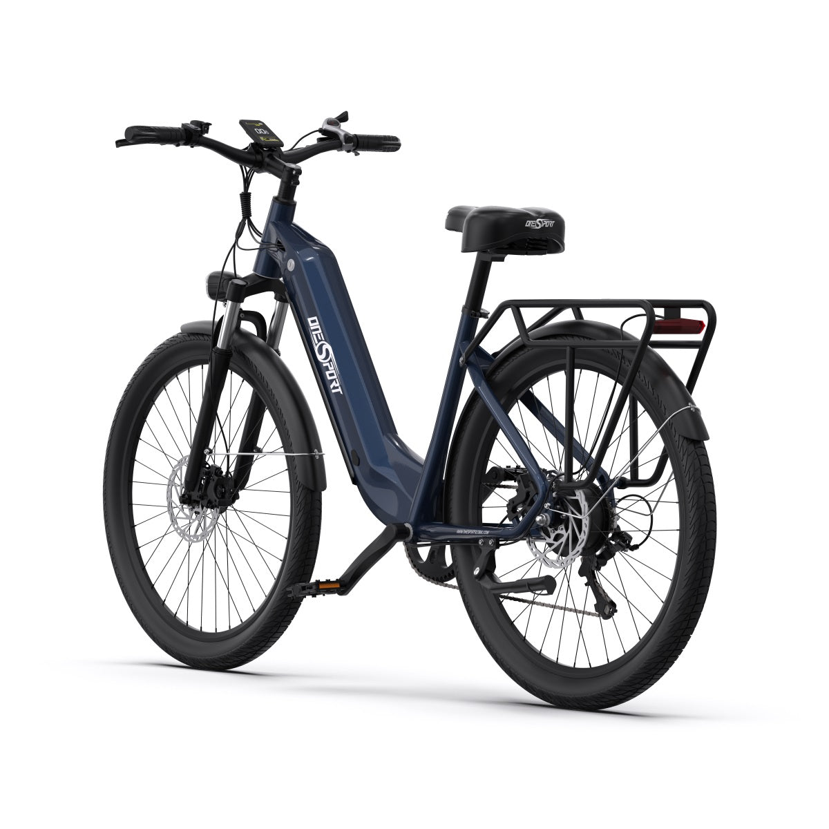 Bici elettrica OneSport OT05 vista di tre quarti dal lato opposto in colore blu