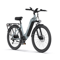 Bici elettrica OneSport OT05 vista di fronte in colore azzurro