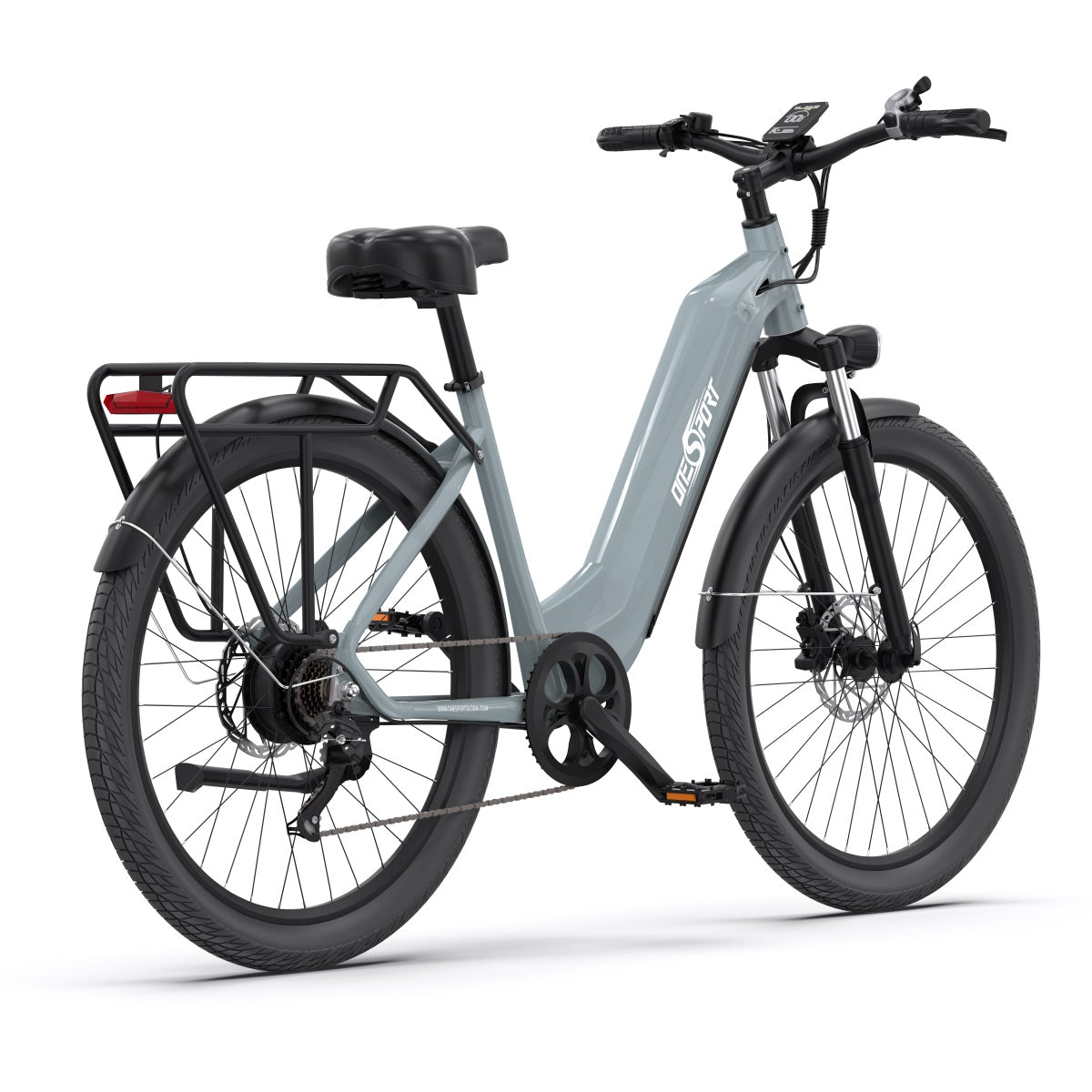 Bici elettrica OneSport OT05 vista di tre quarti da dietro in colore azzurro