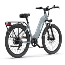 Bici elettrica OneSport OT05 vista di tre quarti da dietro in colore azzurro