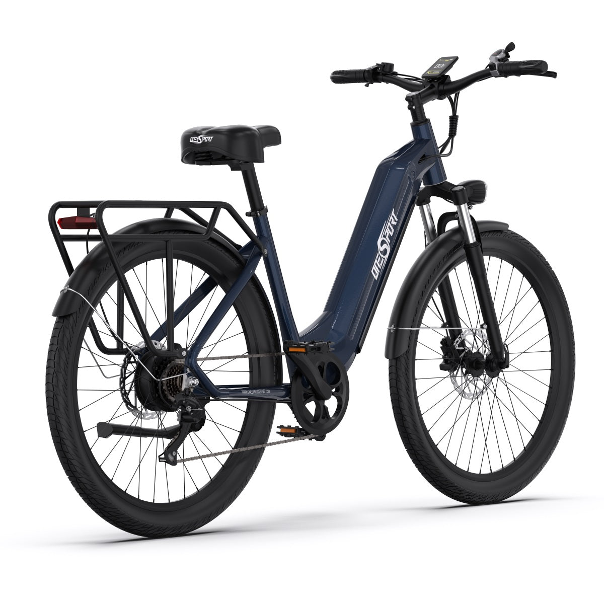 Bici elettrica OneSport OT05 vista di tre quarti da dietro in colore blu