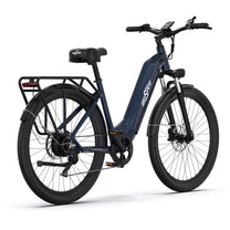 Bici elettrica OneSport OT05 vista di tre quarti da dietro in colore blu