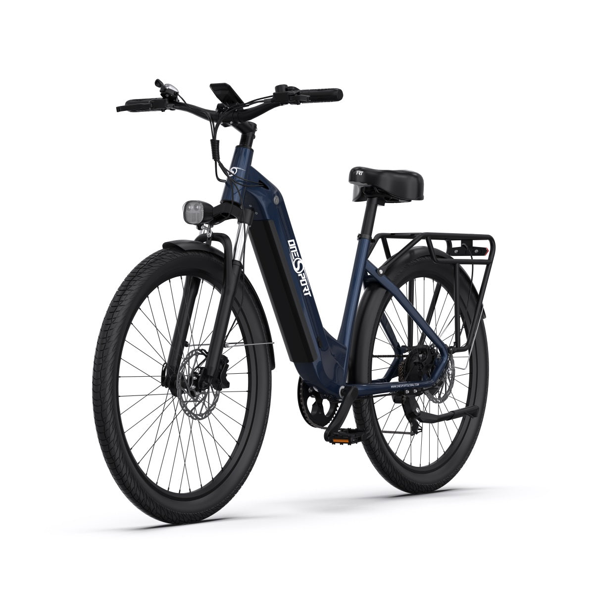 Bici elettrica OneSport OT05 vista di tre quarti in colore blu