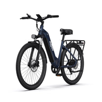 Bici elettrica OneSport OT05 vista di tre quarti in colore blu